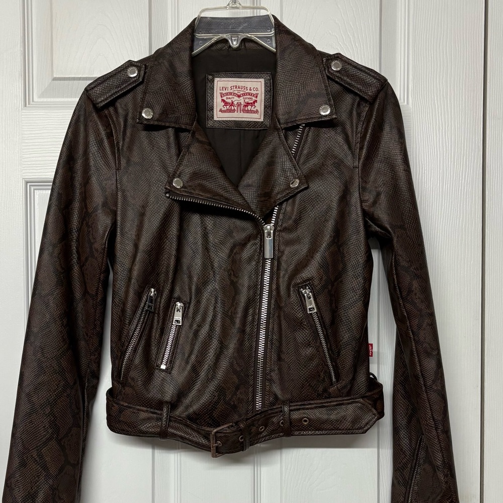 Levi's Faux Leather Snakeskin Pattern Moto Jacket Brown Sz S